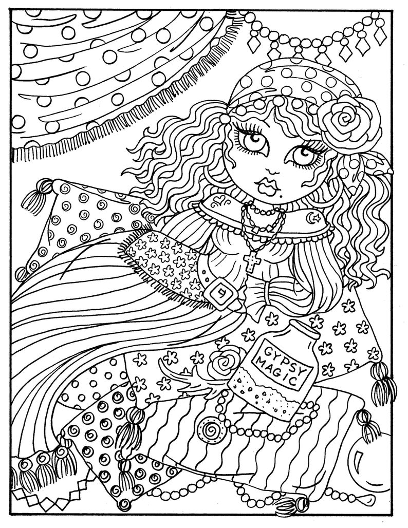 Digital Coloring Book Gypsy Dancer, Belly dancers, Gypsies, hippie, Digi, dance, Adult coloring book, Instant download image 4