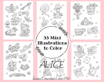 ALICE Mini Illustrations to color. 33 tiny Alice in Wonderland images, 6 pages, Coloring Set. Coloring fun  Instant Download PDF