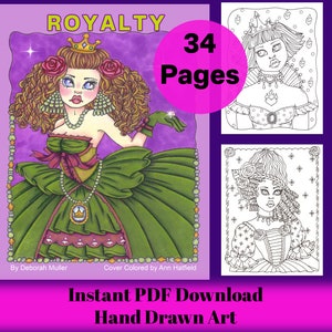 ROYALTY PDF-kleurboek. Leuke en grillige kleuren. Hand getekend. 34 leuke, unieke en grillige pagina's afbeelding 1