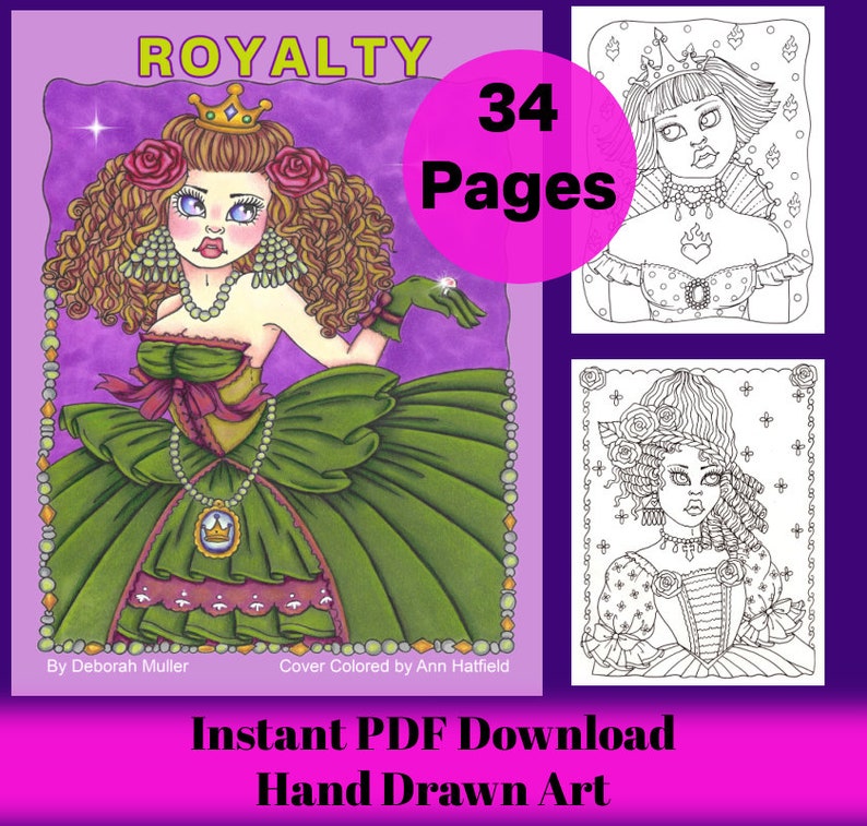 ROYALTY PDF-kleurboek. Leuke en grillige kleuren. Hand getekend. 34 leuke, unieke en grillige pagina's afbeelding 1