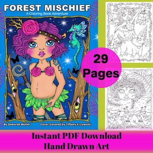 森のいたずらぬりえ（PDF）。楽しくて気まぐれなぬりえ。手描きのファンタジーなページを、かわいい魔法少女たちと一緒に塗り絵しましょう。