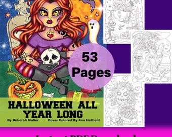 Libro para colorear en PDF de Halloween durante todo el año. Coloración divertida y caprichosa. Dibujado a mano. 53 páginas!