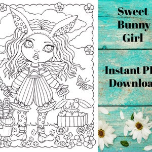 Sweet Bunny Girl coloring page. Instant download. Digital art, Easter coloring pages. Adult coloring page for spring. Bunnies