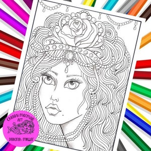 Crowned coloring page, adult coloring, digital coloring pages, fantasy, queens, crowns