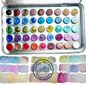 DELUXE DOT Set 45 Mica Watercolors. Pearls, Metallics, Colorshifting. Handmade watercolor paints in a cute tin case. Made by an artist.