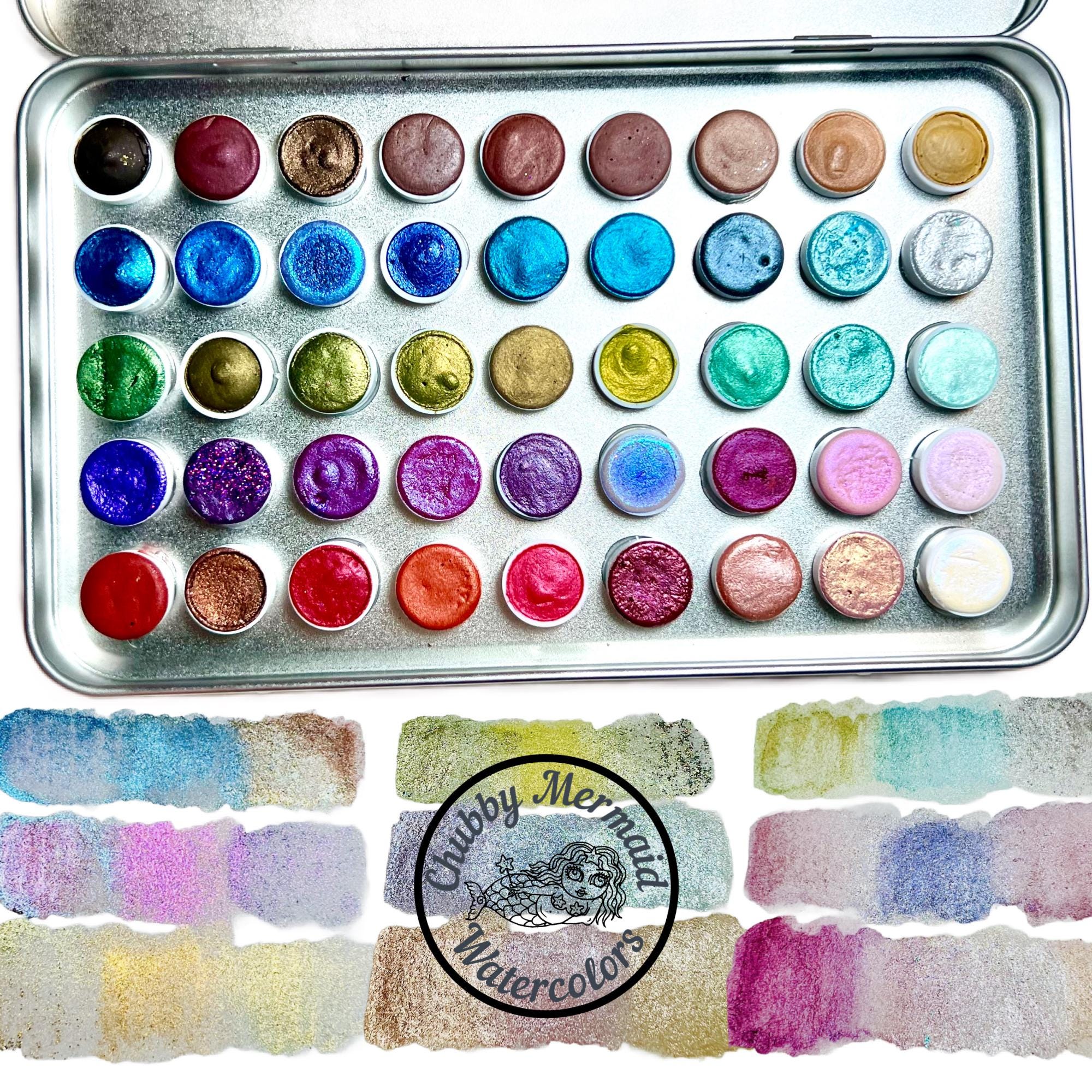 DELUXE DOT Set 45 Mica Watercolors. Pearls, Metallics, Colorshifting. Handmade watercolor paints in a cute tin case. Made by an artist.