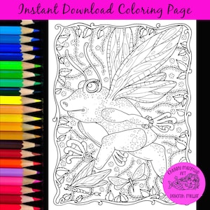 Fairy Frog instant download. Printable coloring page. Fantasy art. Hand Drawn Art.