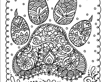 May include: A black and white line drawing of a paw print with intricate floral designs. The paw print is surrounded by a decorative border.