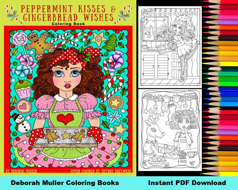 May include: A black and white coloring book cover featuring a girl baking gingerbread cookies with a reindeer and a girl looking out a window. The title of the book is "Peppermint Kisses & Gingerbread Wishes Coloring Book" by Deborah Muller.