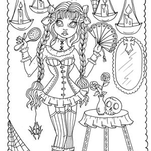 May include: A black and white line drawing of a woman with long braids, wearing a corset and a short skirt. She is holding a hand mirror and a fan. There is a spider web in the background.