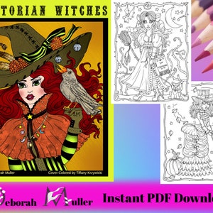 Victorian Witches Digital Coloring Book. 32 pages of coloring fun! Halloween, witch, potions, pumpkins.