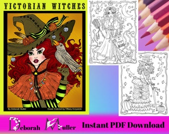 Victorian Witches Digital Coloring Book. 32 pages of coloring fun! Halloween, witch, potions, pumpkins.