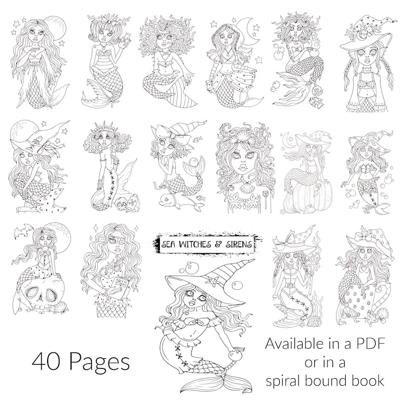 MERMAID WHIMSY pdf Coloring Book. Beautiful, all original art drawn by hand. Fun, whimsical, crazy mermaids to color. 38 pages. image 2