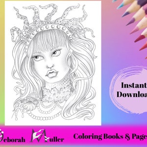 Queen of the Sea Mermaid Grayscale coloring page. Instant download JPG. Digital art, mermaid art. Adult coloring page.