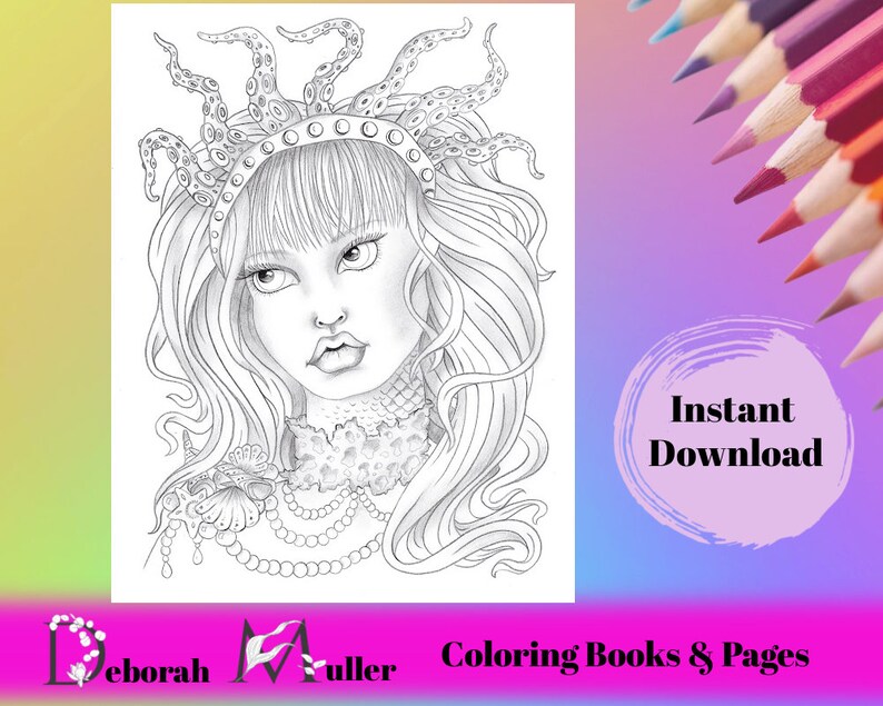Queen of the Sea Mermaid Grayscale Coloring Page. Instant - Etsy