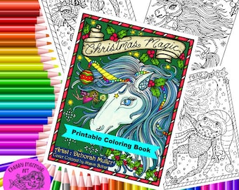 Christmas Magic Digital Coloring Book Pages Fantasy Art, adult color page, digi stamps, color books, dragons, elves, animals