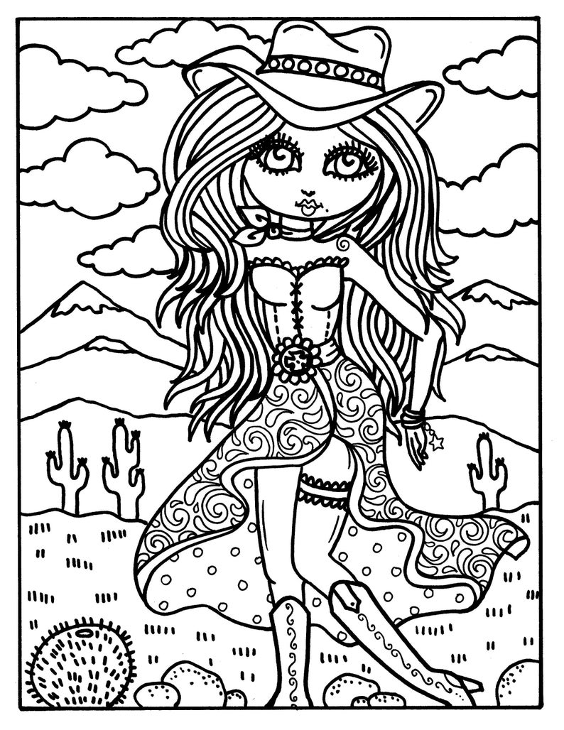 5 Cowgirl Digital Download Coloring pages, Digi Stamps, western girls, cardmaking, stamping, from Cowgirls and Indians Coloring Book image 3