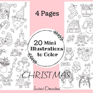 May include: A set of 20 black and white Christmas illustrations to color. The illustrations include a snowman, a gingerbread person, a Christmas tree, a stocking, a candle, an owl, a reindeer, and more. The text "4 Pages" and "20 Mini Illustrations to Color" is included in the image. The text "CHRISTMAS" is in large letters at the bottom of the image. The text "Instant Download" is at the bottom of the image.