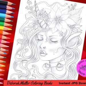 May include: A black and white line art coloring page featuring a female fairy with closed eyes, a poinsettia flower crown, and a bell necklace. The image is titled "Chubby Mermaid Deborah Muller".