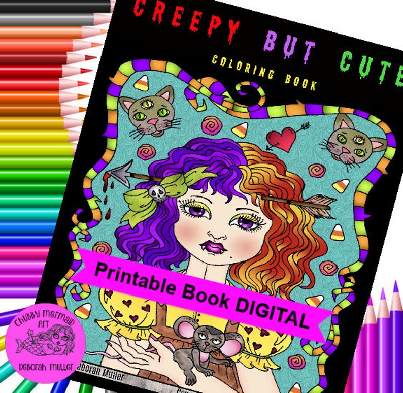 May include: A digital coloring book with a black background and the title "Creepy But Cute Coloring Book". The cover features a girl with purple and orange hair, wearing a yellow dress with hearts and holding a gray mouse. There are also two cats with three eyes each, candy corn, and a heart with an arrow.