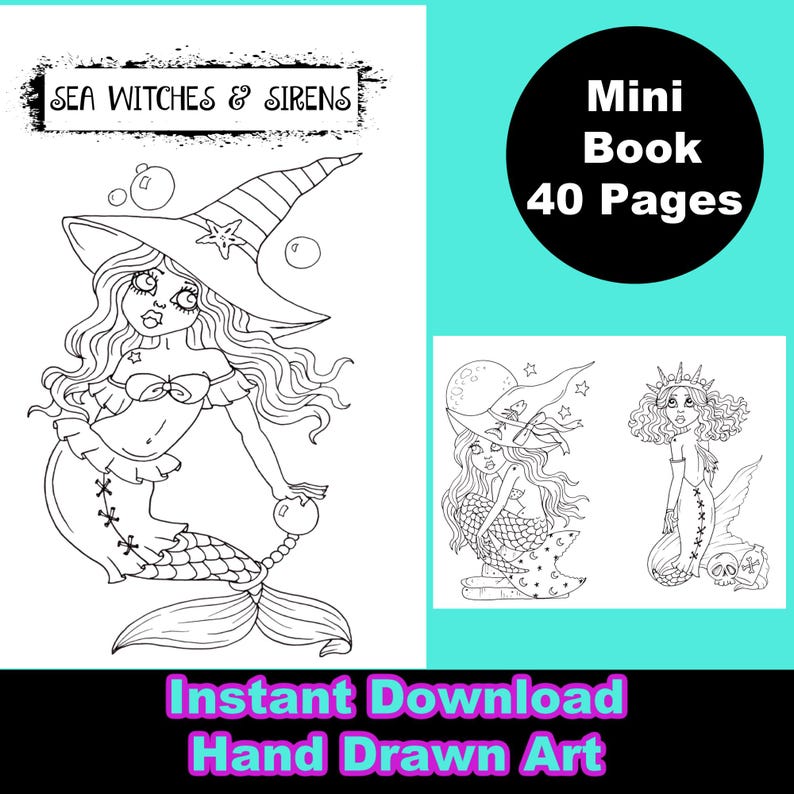 MERMAID WHIMSY pdf Coloring Book. Beautiful, all original art drawn by hand. Fun, whimsical, crazy mermaids to color. 38 pages. image 1
