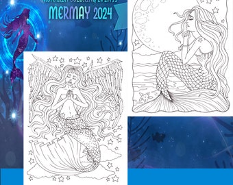 Sirenas rezando para el evento para colorear Monarca en Facebook. 2 páginas para Mer-May, divertidas páginas para colorear descargables. Dibujado a mano, Arte Sirena.
