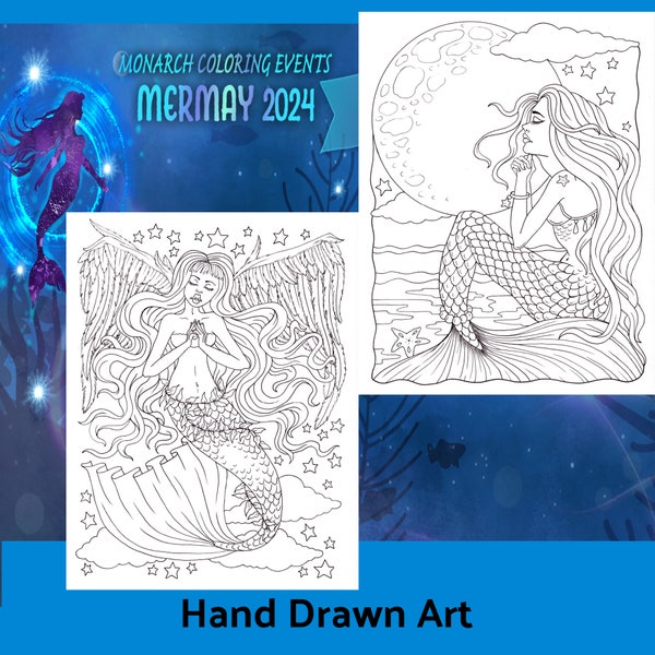 Praying Mermaids for Monarch Coloring Event on Facebook. 2 pages for Mer-May, fun downloadable coloring pages. Hand drawn, Mermaid Art.