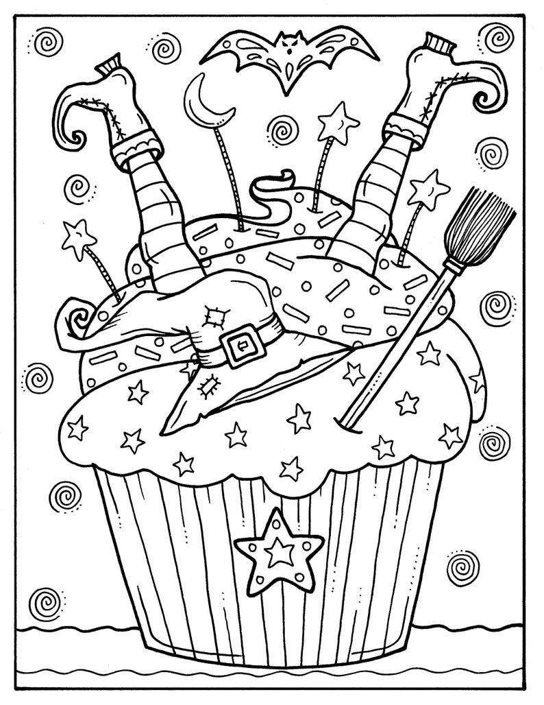 5 Pages Halloween Cupcakes to Color Instant Download, digital art, digi stamp, adult coloring, color pages, spooky, witch, coloring book image 2