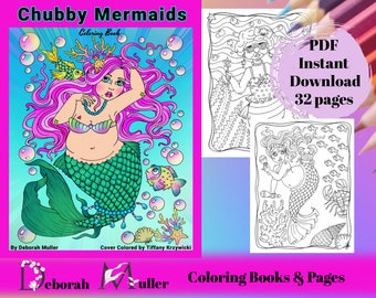 May include: A coloring book cover featuring a colorful illustration of a plus-size mermaid with pink hair and a green tail. The title of the book is "Chubby Mermaids Coloring Book" and the text "PDF Instant Download 32 pages" is also visible.