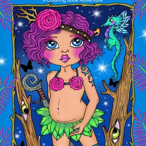May include: A colouring book cover featuring a whimsical illustration of a girl with purple hair, wearing a pink flower crown and a green leaf skirt. She is holding a staff and a small dragon is flying behind her. The text "FOREST MISCHIEF A Colouring Book Adventure" is at the top of the cover. The text "By Deborah Muller" is at the bottom left and "Cover Coloured by Tiffany Krzywicki" is at the bottom right.