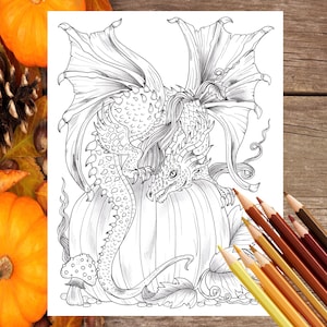 Fall Dragon and pumpkin PDF Digital coloring page. Fun fall coloring. Print, color and enjoy! Thanksgiving, Halloween