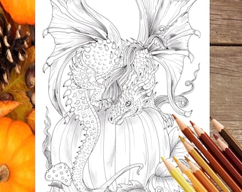Fall Dragon and pumpkin PDF Digital coloring page. Fun fall coloring. Print, color and enjoy! Thanksgiving, Halloween