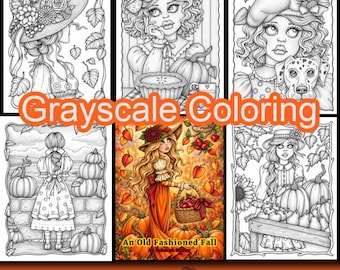 An Old Fashioned Fall Grayscale pdf Coloring Book. 30 pages. Hand-drawn art.  No AI. Original Art