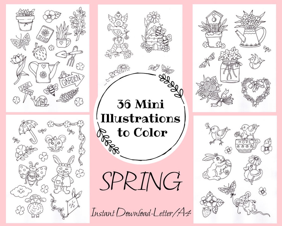 Spring Mini Images Printable SPRING Mini Illustrations to Color. 36 Tiny Spring Images, 5 Pages ...