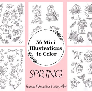 May include: A set of 36 black and white mini illustrations of spring-themed images, such as flowers, birds, butterflies, and a bunny rabbit. The illustrations are ready to be colored. The text "36 Mini Illustrations to Color" and "SPRING" are included in the image.