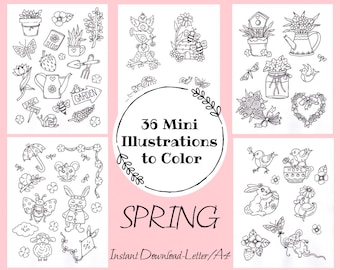 SPRING Mini Illustrations to color. 36 tiny Spring images, 5 pages, Coloring Set. Coloring fun, Instant Download