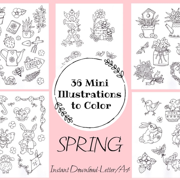 SPRING Mini Illustrations to color. 36 tiny Spring images, 5 pages, Coloring Set. Coloring fun, Instant Download