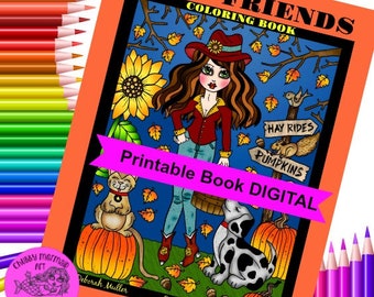 Fall Friends Digital Coloring Book Fun fall girls and their pets. Pumpkins, sunflowers, cats, dogs, bunnies, and  whimsical girls to color.