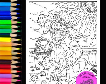 Hot-dog à la plage. Page de coloriage numérique d’un chien fantaisiste profitant de son temps à la plage. Coloration adulte, plaisir de coloration d’été.