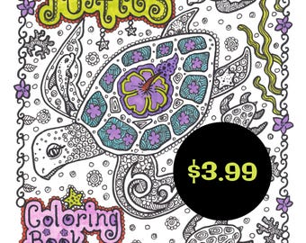 Sea Turtles Digital Coloring book, all ages, fun and whimsical sea turtles, sea life, beach, adult coloring books