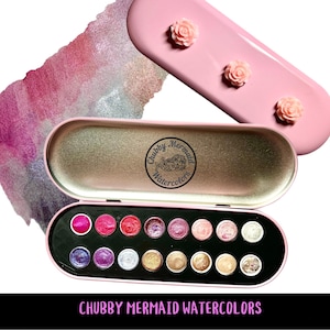 PRETTY IN PINK Set of 16 pans of Mica Watercolors.  Handmade watercolor paints in a cute pink flowers case—watercolors made by an artist.