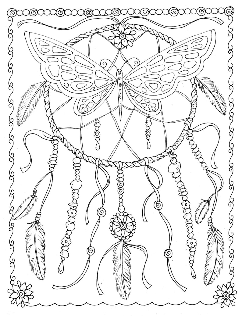 Schmetterling Dreamcatcher Färbung Seite Instant Download digitale Datei Stempel Erwachsenen Färbung/Digi Datei/Fantasie/Schmetterlinge Bild 1