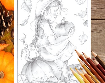 Pilgrim girl in the pumpkin patch. Thanksgiving adult greyscale coloring page. Instant download. Fall coloring page.