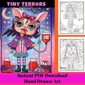 May include: A colorful digital art print titled "Tiny Terrors" featuring a cartoon vampire girl named Betty, holding a blood bag. The image includes the text "Instant PDF Download Hand Drawn Art" and two additional black and white coloring pages.