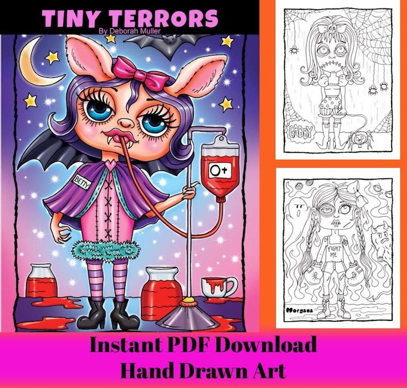 May include: A colorful digital art print titled "Tiny Terrors" featuring a cartoon vampire girl named Betty, holding a blood bag. The image includes the text "Instant PDF Download Hand Drawn Art" and two additional black and white coloring pages.