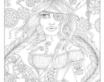 Página para colorear de chica pirata steampunk, descarga instantánea. Página para colorear para adultos, colorear, color, digital, digi.