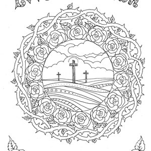 Puede incluir: Una página para colorear en blanco y negro con una corona de rosas y espinas que rodea una escena de tres cruces en una colina. El texto "Love came down" está en la parte superior de la página.