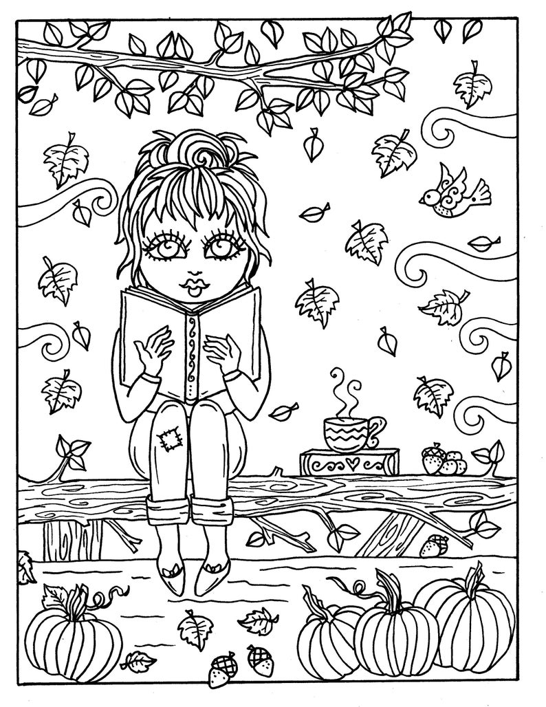 7 PAGES FALL Girls Digital Coloring pages digi, color page, instant download, printable, color book, halloween image 4