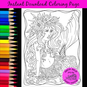 Hawaiian Mermaid coloring page. Digital download. Print and color. Fantasy mermaid coloring page. Adult coloring