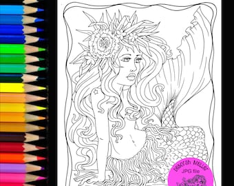 Hawaiian Mermaid coloring page. Digital download. Print and color. Fantasy mermaid coloring page. Adult coloring